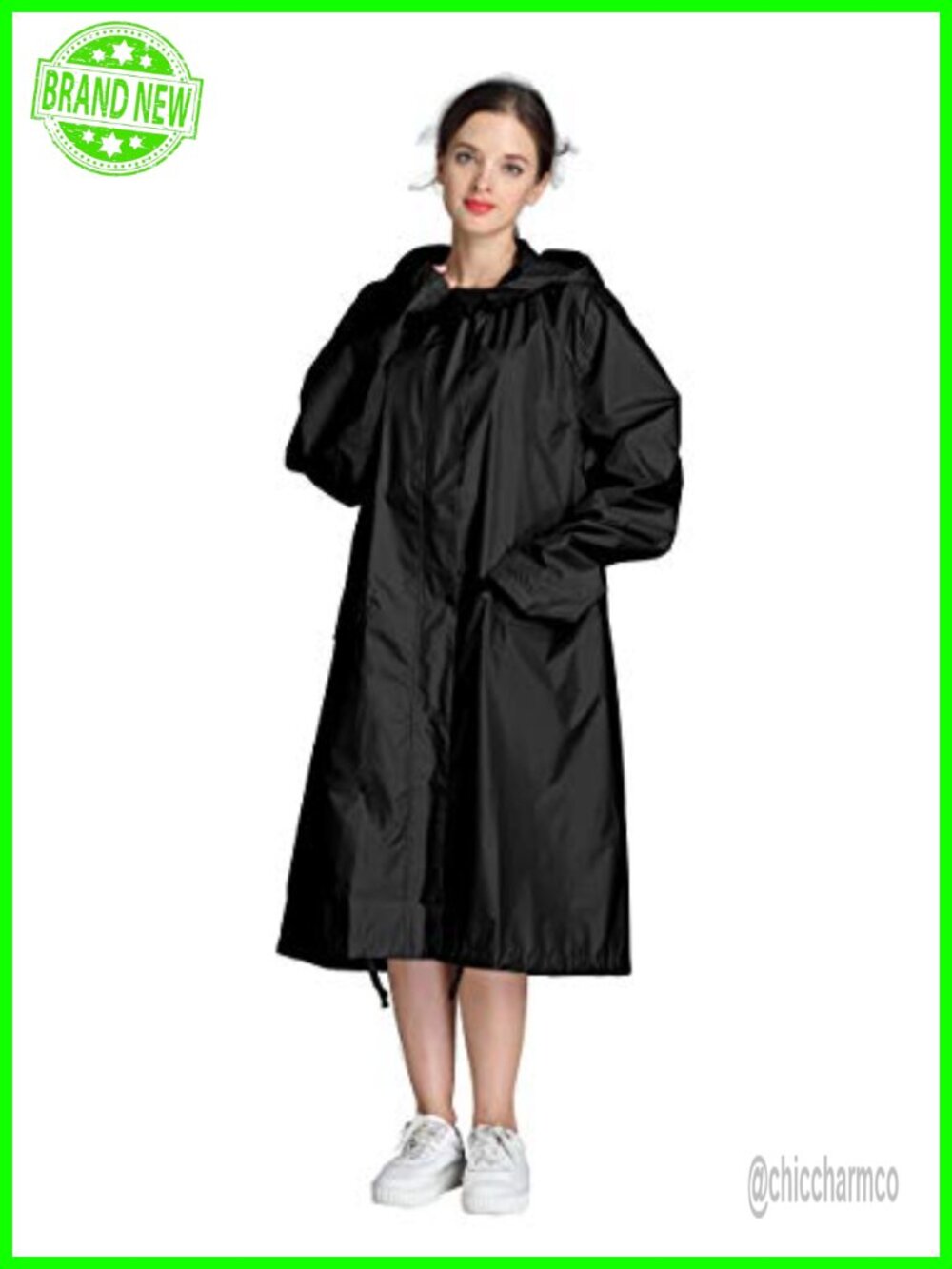 Women Long Waterproof Raincoat Hooded Zip Pockets Outdoor Rain Jacket